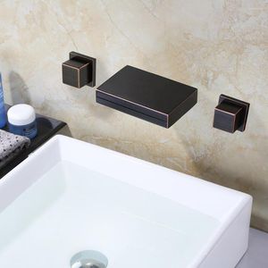 Grifos de lavabo de baño, grifo de bañera Vidric, grifo de cascada, grifo mezclador de baño, perillas dobles de bronce frotado con aceite, montado en la pared en frío