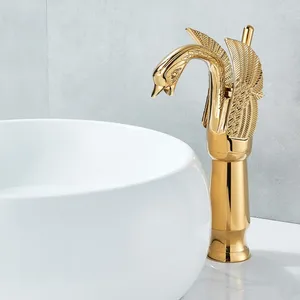 Robinets d'évier de salle de bain Vidric Swan Shape Bather Robinet Tap Deck Mount un trou des robinets d'eau avec un bassin de couleur dorée froide Han