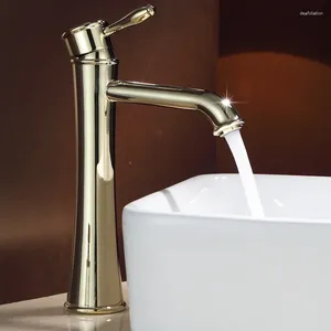 Grifos de lavabo de baño Vintage antiguo lleno de cobre de cobre Pedestal Basin grifo de oro acabado de oro soporte para un solo agujero de lavado y agua fría toque de agua fría