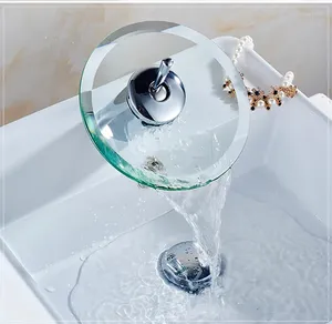 Robinets d'évier de salle de bains, robinet de cascade, barre horizontale, monté sur bureau, bord en verre poli chromé froid et mixte