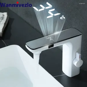 Robinets d'évier de salle de bains, capteur sans contact blanc, affichage numérique intelligent, sens gris, mitigeur d'eau froide, alimentation par batterie