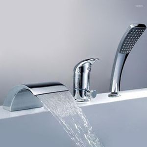 Robinets de lavabo de salle de bain Wvaterfall Bassin Chrome Laiton Robinet de baignoire 3 trous Douche Bain Mitigeur d'eau