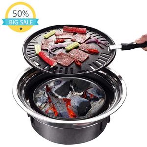 BBQ Charcoal Grill Portable Household Korean Round Carbon Barbecue Camping Stove for Outdoor Indoor and Picnic 210724222K
