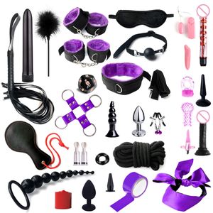 Bdsm Set Kit Jouet Menottes Sexuelles pour Couple Adultes Plug Anal Vibrateur Fouet Cock Ring Gag Sexuel Jeux Sexy Produits Bondage Érotique 240130