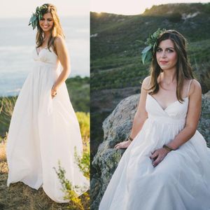 Playa 2019 Vestidos de maternidad de boda Sexy Tallas grandes Correas espaguetis Perlas con cuentas Marfil Tafetán Estilo rural Imperio Vestidos de novia