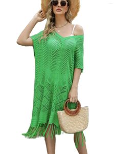 Robe de plage d'été pour femmes, couleur unie, frange, ajouré, pull tricoté, ample, grande taille