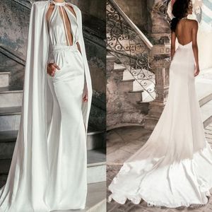 Robes de mariée sirène grecque plage 2022 avec Cape enveloppante crêpe de satin moderne licou balayage train bohème jardin robes de mariée