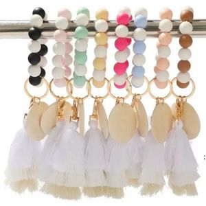 Perle Bois Bracelet Bijoux Silicone Perlé Gland Perlé Porte-clés Coloré Fringe Bracelets Bracelet Poignet Porte-clés Pendentif Sac BES121