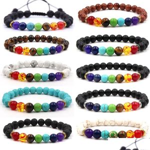 Perlé 7 Chakra Black Lava Strands Bracelets 8Mm Perle De Roche Élastique Pierres Naturelles Pierres Précieuses Diffuseur D'huile Yoga Strandsbracelets Pour Hommes Dhjt7