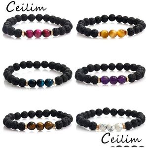 Con cuentas 8Mm Diseños Lava Rock Beads Charms Pulseras Difusor de aceite esencial Piedra natural elástica para hombres Ojo de tigre Chakra Moda Dr Dhslw