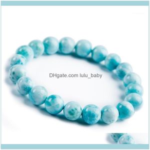Bracelets perlés bijoux brins de perles précieux bleu naturel Larimar Bracelet 10Mm pierre extensible cristal perle ronde femmes femme 1 goutte Del