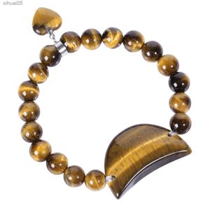 Bracelet en perles sculptées en forme de croissant de lune pour femmes et hommes, perles en pierre de 8 à 9mm avec cœur, bijoux extensibles, YQ240226