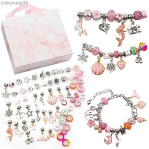 Kit de fabricación de pulseras con dijes para niños, cuentas creativas, pulsera artesanal, joyería de cristal hecha a mano, pulsera para niños, caja de regalo rosa, conjunto L231114