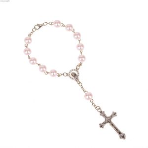 Perles d'imitation perles chapelet catholique catholique sainte Communion couleur argent ailes Crucifix pendentifs Bracelet joli cadeau L231114