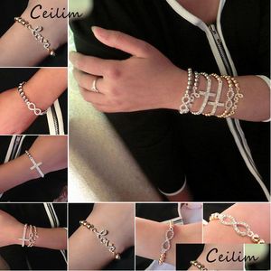 Bijoux en perles Or Sier 6Mm Perles Croix Bracelets Pour Femmes Mignon Fl Cristal Infinity Charmes Réglable Barcelet Grossiste D Dhgarden Dhepi