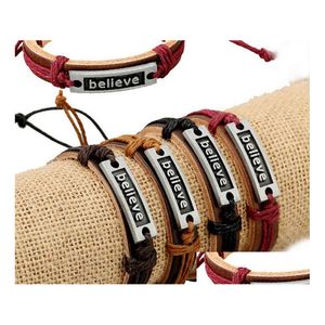 Perlé Dernière version Style Punk 100% Bracelet en cuir véritable Alliage à la main Hommes Femme Croyez Corde réglable 20pcs / lot Drop Delive Dhnhq