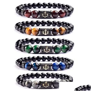 Con cuentas de lujo Micro Pave Cz Anchor Charm Pulsera Colorf Tiger Eye Beads Strands Joyería para venta al por mayor Entrega de gota DHDEK