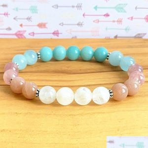 Perlé Mg1221 Nouveau design Pierre de lune et pierre de soleil Mala Bracelet Aigue-marine Amazonite Bonheur Joie Poignet Drop Livraison Bijoux Dhgarden Dhxzn