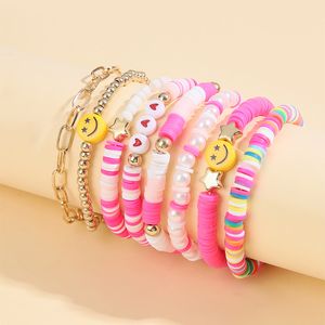 Conjunto de pulsera con cuentas de múltiples capas para mujer, hilo elástico de arcilla suave, cara sonriente de amor, pulsera de perlas hecha a mano vintage