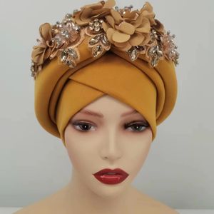 Per perlé Nigeria Gele Ready African Headtie Female Head Wraps Party Cheppied Muslim Headscarf Hat Womens Turban Cap avec des pierres 240301