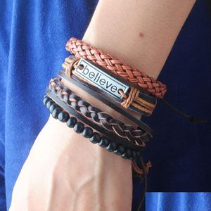 Beaded Rock Punk Mtilayer Leather Mens Black Pulseras de muñeca Strands Beaded Ajustable Anchor Bangles para regalo especial Bc022 Drop Dhob5