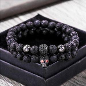 Perles, brins 8mm Black Lava Stone Perles Bracelet Ensemble Crâne Hommes Bracelets Pour Femmes Bijoux Pulsera Hombre Brassard Accessoires Bileklik