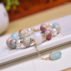 Hebras de cuentas, pulseras de perlas de piedra Shoushan Natural azul claro fresco, cuentas redondas de agalmatolita, pulsera de un solo círculo para mujer, Inte22