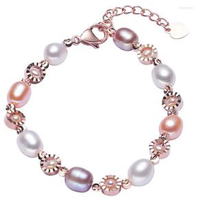 Hebras de cuentas HABITOO Moda para mujer 7-8 mm Blanco Rosa Púrpura Pulsera de perlas de agua dulce Brazalete de cuentas de oro Broche de langosta para joyería Wemen G