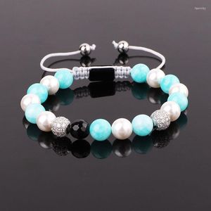 Hebras de cuentas Jaravvi 8mm azul Jade blanco Shell bola de cristal amistad ajustable macramé cuentas pulsera para mujer Fawn22