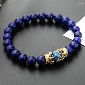 Hilos de cuentas para hombre, pulsera de Buda de ojo de tigre, cuentas redondas de 8mm, cuerda elástica, piedra azul Natural, corona de oro, regalos de joyería Inte22