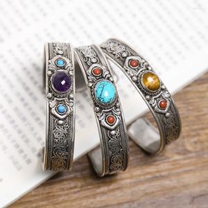 Pulsera de plata Retro de seda tibetana nepalí con hebras de cuentas con incrustaciones de algodón de feldespato turquesa y accesorios artísticos Fawn22