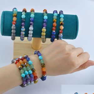 Actualización con cuentas Pulsera de piedra facetada de 8 mm Strand Yoga 7 Chakra Piedra preciosa Ojo de tigre Ágata roja Amatista Energía Cuentas de cristal Pulseras Dro DHGLZ