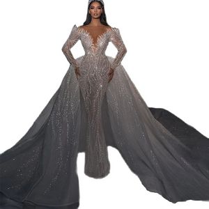Beading Vintage Mermaid Wedding Dress Off Shoulder Long Sleeve P Africa Bridal Gowns With Detachable Train