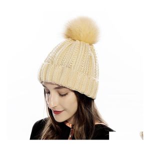 Beanie / Skull Caps Autunno Inverno Womens Knit Hat Wool Ball Beanies Cap Big Girls Lady lavorato a maglia caldi cappelli all'uncinetto Drop Delivery Fashion Dhbg5