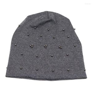 Gorro/Gorras de calavera Marca Perlas Gorros con diamantes de imitación para mujer Otoño Algodón Suave Cálido Sombrero holgado Señoras SkulliesBeanies Drop Oliv22