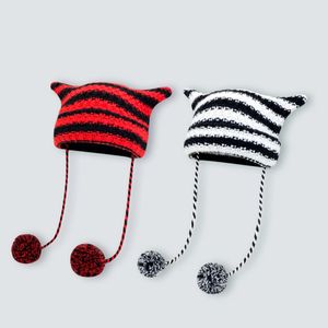 Beanie / Skull Caps Japanese y2k Little Devil Striped Beanies Mujeres Ins Cute Cat Ears Knitted Wool Cap Girl Winter Pointed Pullover Sombreros de Halloween 230614
