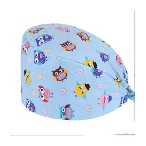 Beanie / Skull Caps Scrub Sombrero de algodón Floral Bouffant Gorro de enfermera sanitaria con banda para el sudor Búho Fox Bird Dog Leaf Star Impresión Enfermería Docto Dhrsp