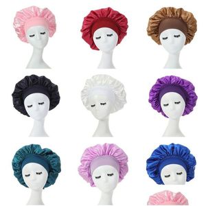 Beanie / Skull Caps Color sólido Satin Wide Band Night Hat para mujer Chica Elástico Sleep Bonnet Cuidado del cabello Accesorios de moda Drop Deliv Dhc9Y