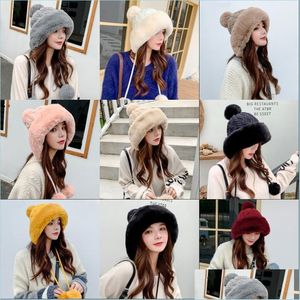 Bonnet / Crâne Casquettes Hiver Chaud Chapeaux Femmes Tricot Laine Bonnet En Peluche Automne Dame Bonnet Corde Bord Large Mignon Bobble 21 3Dy G2 Drop Del Dhn75