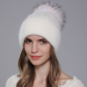 Beanieskull Caps Cntang Natural Raccoon Pompom Pompom Gat For Women Warm Angora Rabbit Bonnet Womens Winter Fleece Hats Casual Femenina 230816