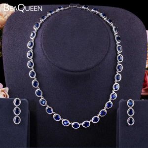 BeaQueen superbe grand ovale bleu foncé zircon cubique pierres boucles d'oreilles collier ras du cou ensembles de bijoux de mariage pour les femmes JS272 H1022