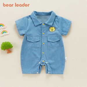 Bear Leader Summer Mode Bébé Garçons Dessin animé Lion Imprimer Barboteuses Infant Filles Garçons Mignon Denim Bodys Enfant Casual Cool Costumes 210708