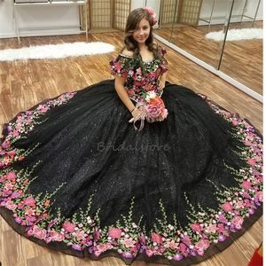 Belle Charro Noir Mexicain Quinceanera Robe 2024 Hors Épaules Robe De Bal Costume Halloween Robe De Bal Doux 16 Anniversaire Robes De Xv Débutantes Mascarade