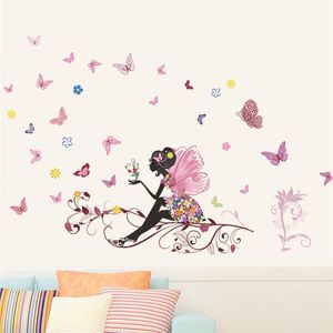 Hermosa chica mariposa flor arte pared pegatina para decoración del hogar DIY personalidad Mural habitación infantil guardería decoración cartel impreso