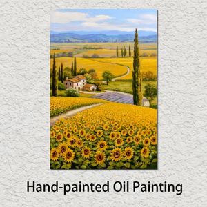 Belle peinture à l'huile de paysages, champ de fleurs de tournesol, Art sur toile, peint à la main pour salle d'étude, décoration murale 284d