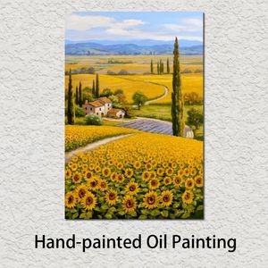 Belle peinture à l'huile de paysages, champ de fleurs de tournesol, Art sur toile, peint à la main pour salle d'étude, décoration murale 256T