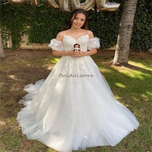 Hermosa princesa vestidos de novia de encaje 2024 correas espaguetis una línea apliques encaje país fariy vestido de novia tul gatsby hippies jardín vestido de novia bata mariee