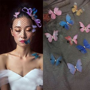 Hermosos diamantes de imitación de doble capa de tul mariposa accesorios para el cabello para mujeres niñas horquilla gasa adornos de vestir