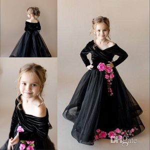 Belleza Vestidos de desfile para niñas negras Fuera del hombro Mangas largas Vestidos de flores para niñas de flores en 3D Vestidos de fiesta de cumpleaños hasta el suelo de organza