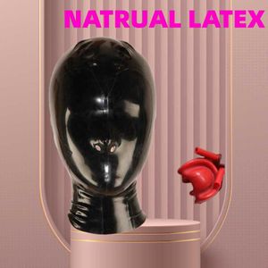 Articles de beauté Latex Hood Full Face Covered BDSM Mask Pure Natural Taille personnalisée avec Red Teeth Gag et 5mm Nasal Tubes Bondage Kit